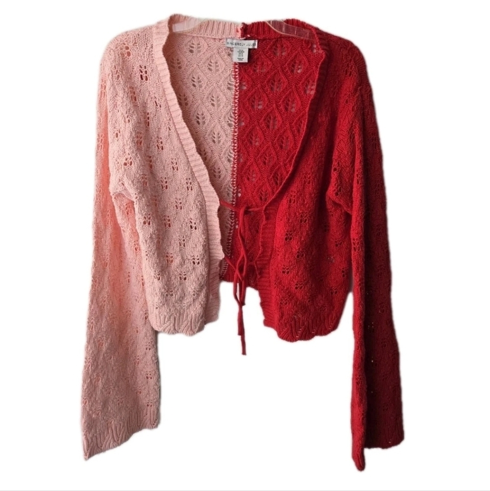 Sincerely Jules Medium Red Pink Crochet Tie Front Color-Block Boho Cardigan